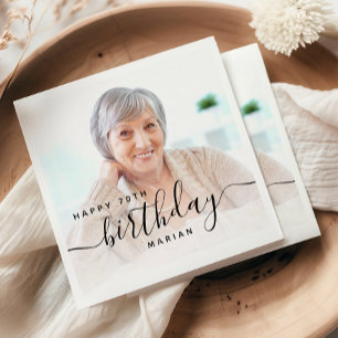 Personalized Photo Black Script 70th Birthday Napkin