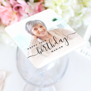 Personalized Photo Black Script 70th Birthday Square Paper Coaster