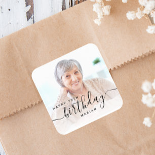 Personalized Photo Black Script 70th Birthday Square Sticker
