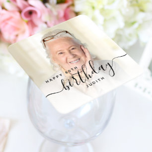 Personalized Photo Black Script 80th Birthday Square Paper Coaster