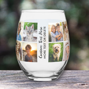 Personalized Photo Collage and Custom Text Stemless Wine Glass