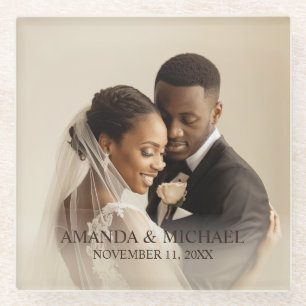 Personalized Photo Favor with Names & Wedding Date Glass Coaster