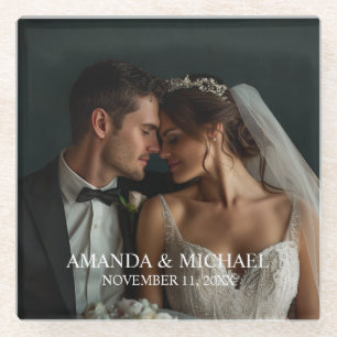 Personalized Photo Favor with Names & Wedding Date Glass Coaster