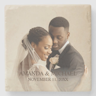 Personalized Photo Favor with Names & Wedding Date Stone Coaster