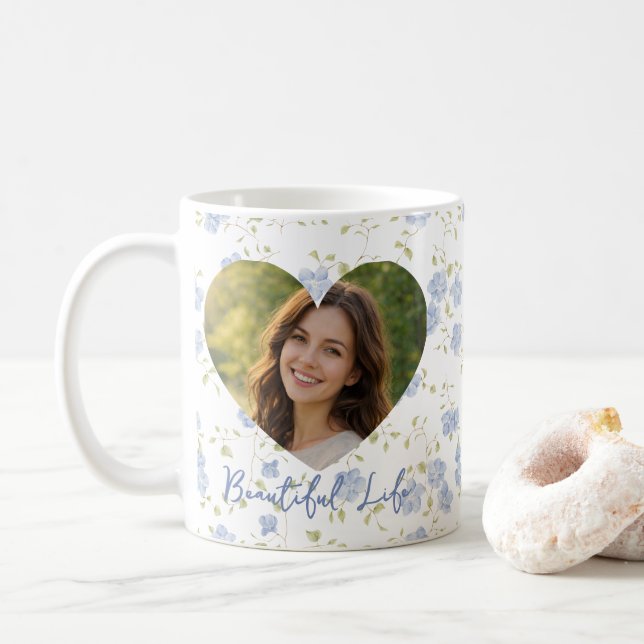 Personalized Photo – Floral Heart Design, Soft Pas Coffee Mug (With Donut)