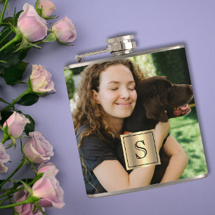 Personalized Photo Gold Frame and Black Monogram Hip Flask