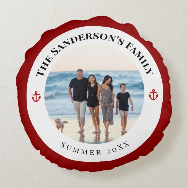 Personalized Photo in Black Circle with Red Anchor Round Cushion (Back)