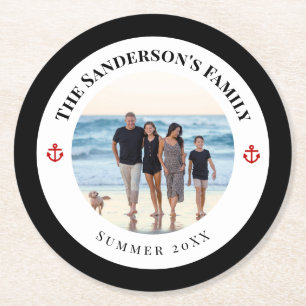 Personalized Photo in Black Circle with Red Anchor Round Paper Coaster
