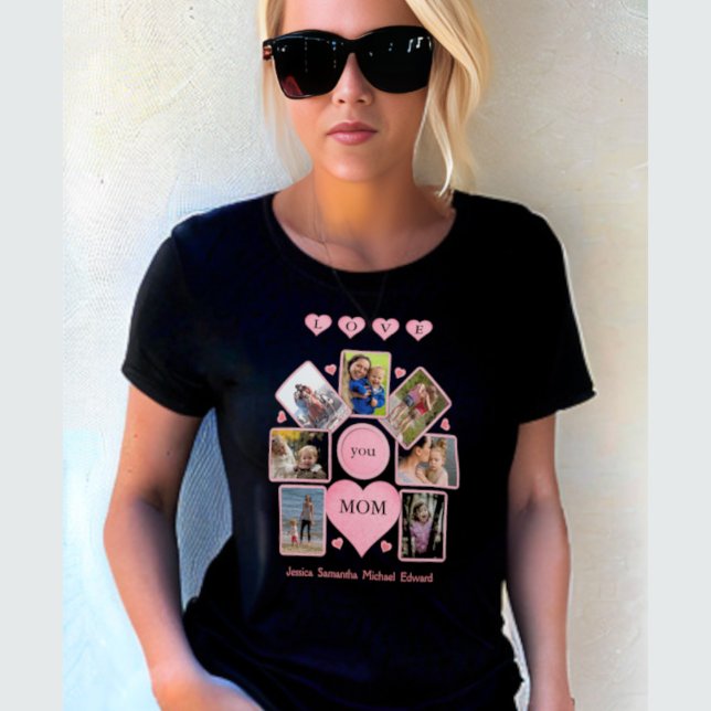 Personalized Photo LOVE you MOM with Hearts Black  T-Shirt (Creator Uploaded)