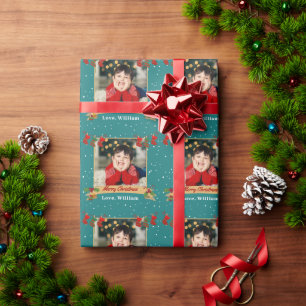 Personalized Photo Merry Christmas Holiday Green Wrapping Paper