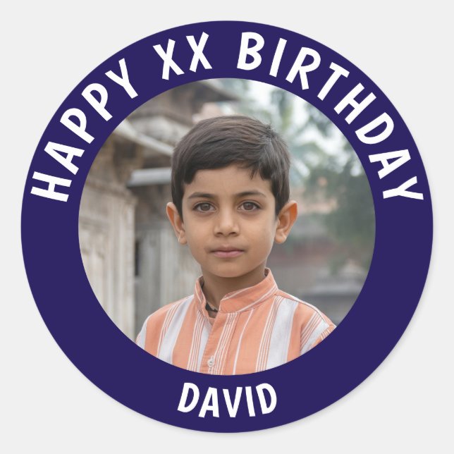 Personalized Photo, Name And Age Birthday Classic Round Sticker (Front)