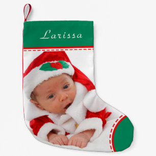 Personalized Photo Name Green Trim Christmas Small Christmas Stocking