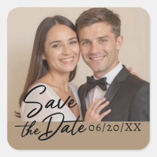 Personalized Photo Save The Date Script Square Sticker