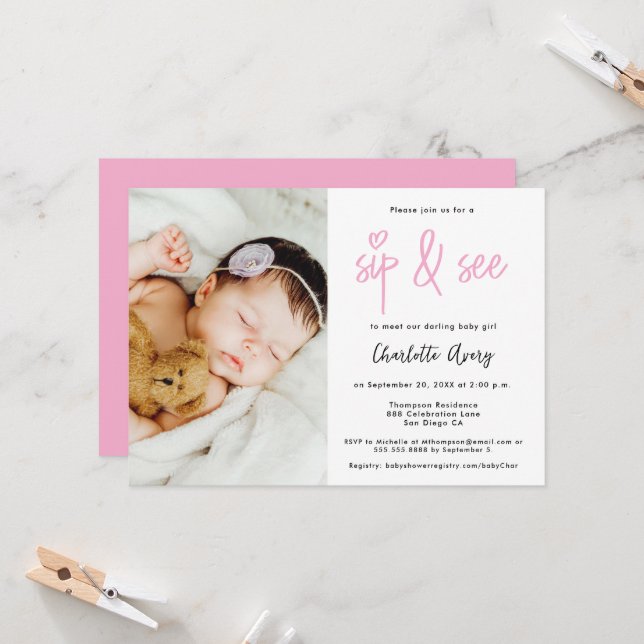 Personalized Photo Sip and See Baby Girl Shower Invitation (Front/Back In Situ)