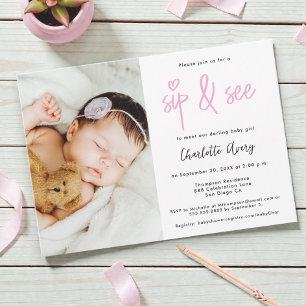 Personalized Photo Sip and See Baby Girl Shower Invitation