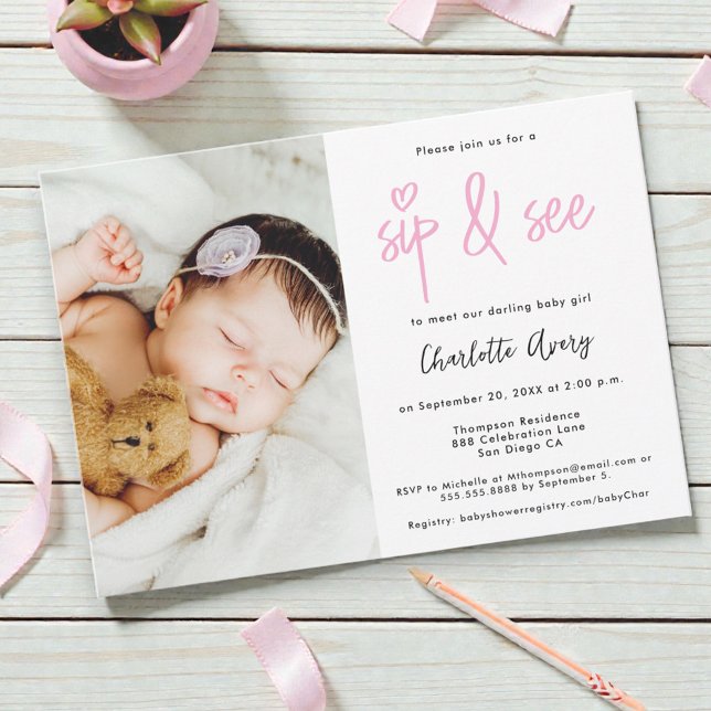 Personalized Photo Sip and See Baby Girl Shower Invitation (Sip and see custom baby girl minimalist design with photo.)