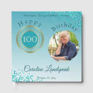Personalized Photo Teal Blue Glitter 100 Birthday Guest Book