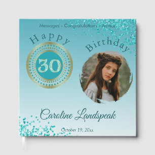 Personalized Photo Teal Blue Glitter 30th Birthday Guest Book