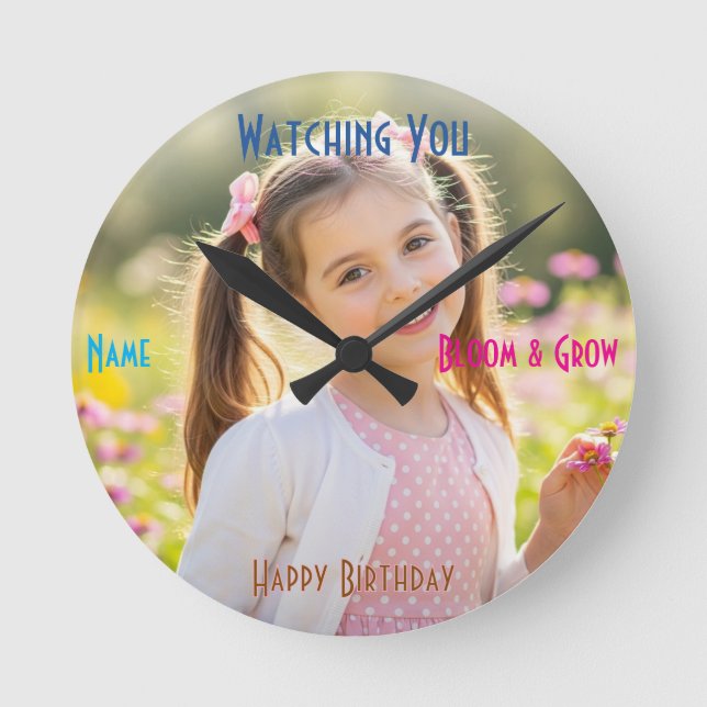 Personalized Photo & Text Custom Birthday Gift Round Clock (Front)