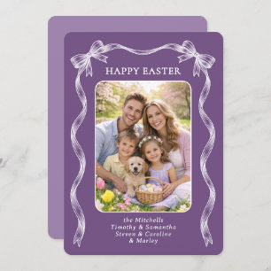 Personalized Photo White Ribbon On Violet Easter Holiday Card