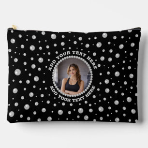 Personalized Photo with Pearls Circle on Black Accessory Pouch