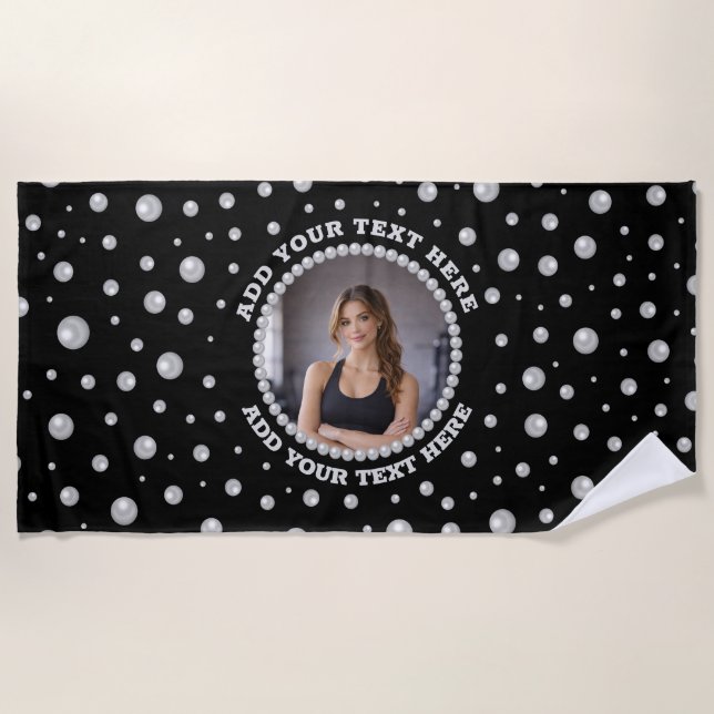 Personalized Photo with Pearls Circle on Black Beach Towel (Front)