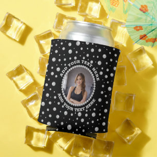 Personalized Photo with Pearls Circle on Black Can Cooler