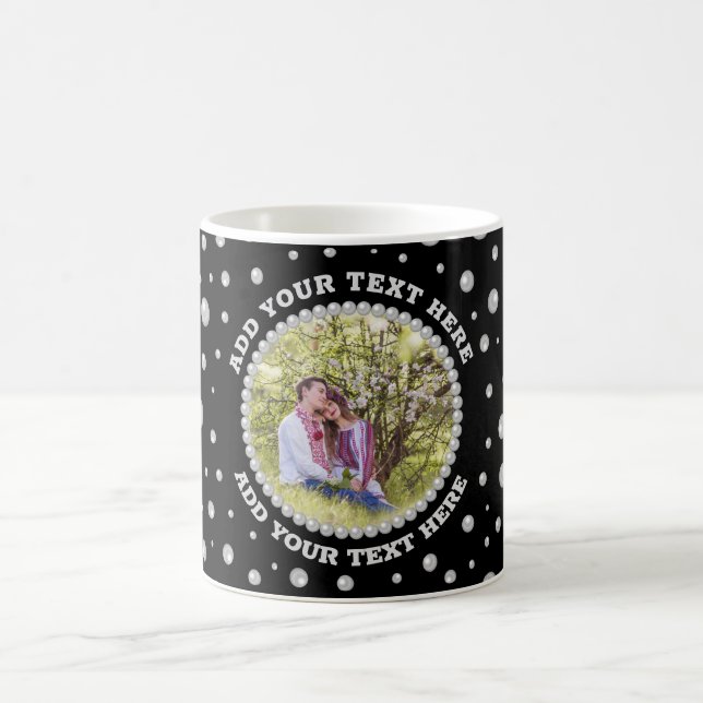 Personalized Photo with Pearls Circle on Black Coffee Mug (Center)