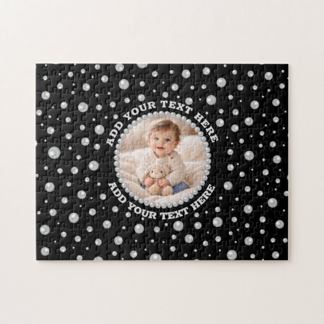 Personalized Photo with Pearls Circle on Black Jigsaw Puzzle (Horizontal)
