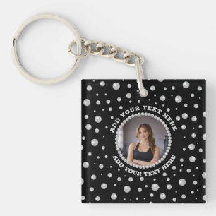 Personalized Photo with Pearls Circle on Black Key Ring