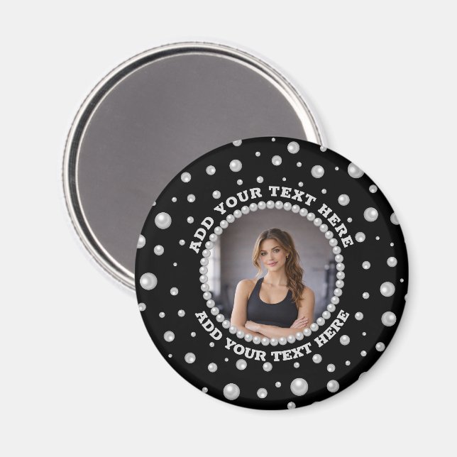 Personalized Photo with Pearls Circle on Black Magnet (Front/Back)