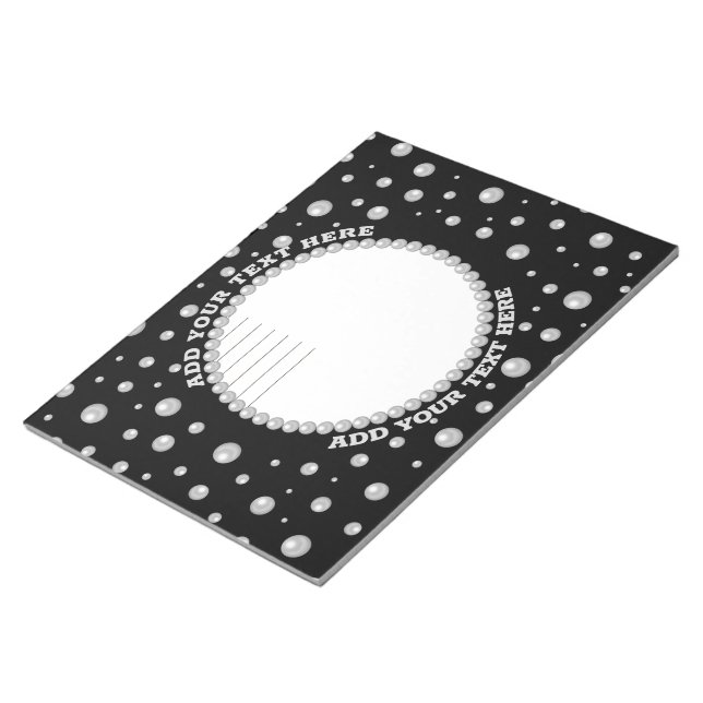 Personalized Photo with Pearls Circle on Black Notepad (Angled)