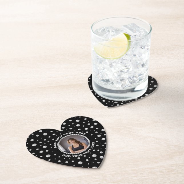 Personalized Photo with Pearls Circle on Black Paper Coaster (Insitu)