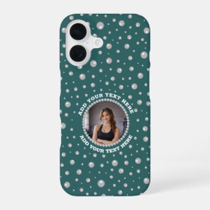 Personalized Photo with Pearls Circle on Teal iPhone 16 Case