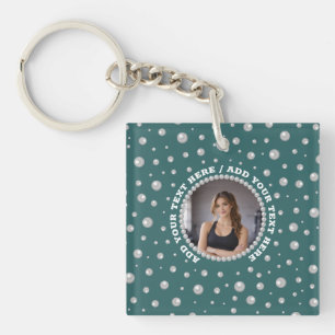Personalized Photo with Pearls Circle on Teal Key Ring