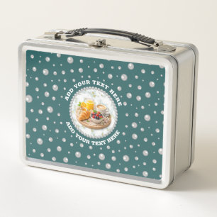 Personalized Photo with Pearls Circle on Teal Metal Lunch Box