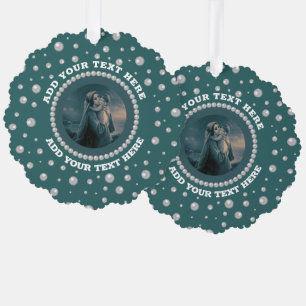 Personalized Photo with Pearls Circle on Teal Tree Decoration Card