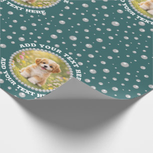 Personalized Photo with Pearls Circle on Teal Wrapping Paper