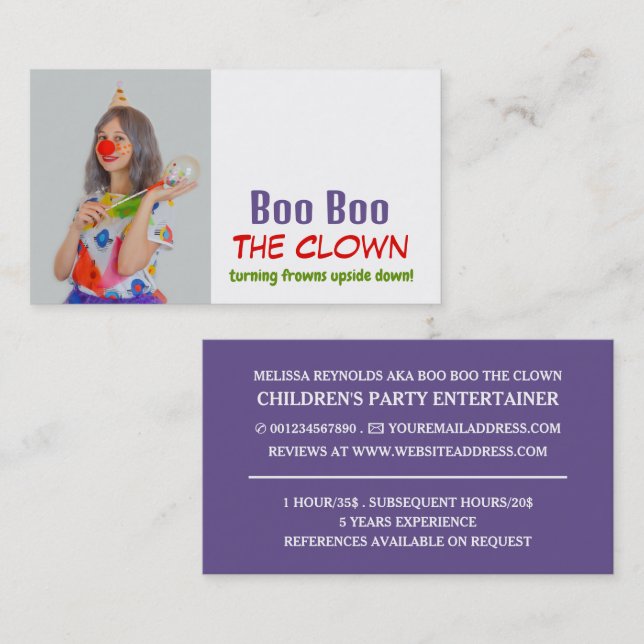 Personalized Photograph, Kids Entertainer, Clown Business Card (Front/Back)