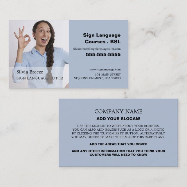 Personalized Photograph, Sign Language Tutor Business Card (Front/Back)