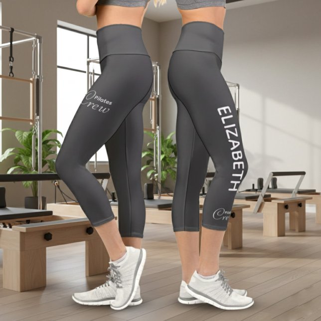 Personalized Pilates Crew Reformer / Mat Dark Grey Capri Leggings (Left and right view of grey leggings in a Pilates studio.)