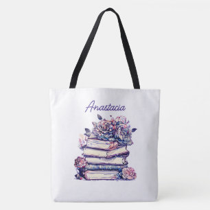 Personalized Pile of Antique Books Vintage Roses Tote Bag