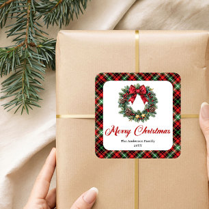 Personalized Pine Wreath Watercolor Christmas  Square Sticker