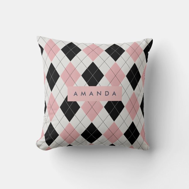 Personalized Pink and Black Diamond Pattern  Cushion (Front)