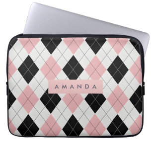 Personalized Pink and Black Diamond Pattern Laptop Sleeve