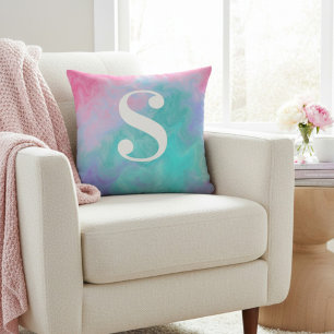 Personalized Pink and Teal Watercolor Cushion