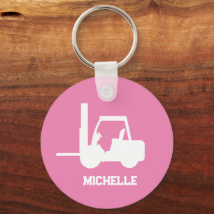Personalized pink and white Forklift Key Ring