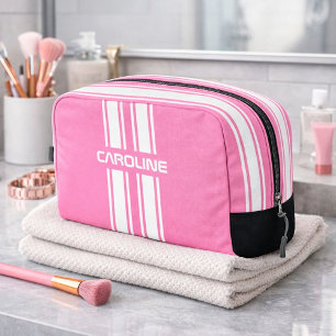 Personalized Pink And White Racing Stripe Travel Dopp Kit