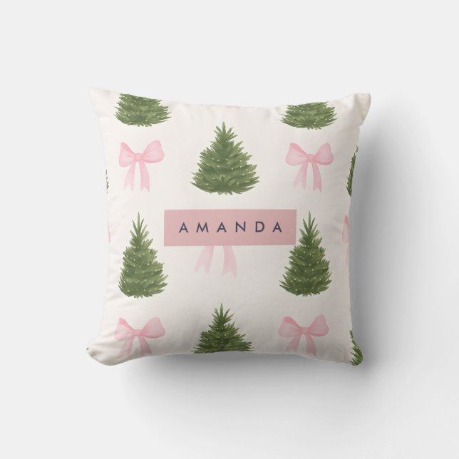 Personalized Pink Bow & Christmas Tree Cushion (Front)