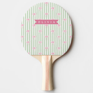 Personalized Pink Bow Green Stripe Coquette Preppy Ping Pong Paddle